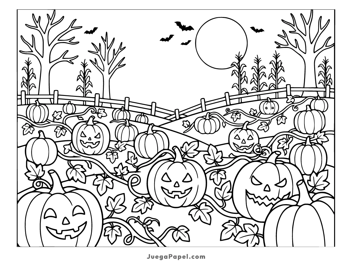 Dibujo para colorear e imprimir de Campo de Calabazas Halloween