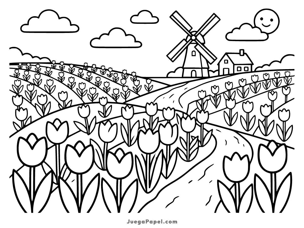 Dibujo para colorear e imprimir de Campo de Tulipanes con Molino de Viento