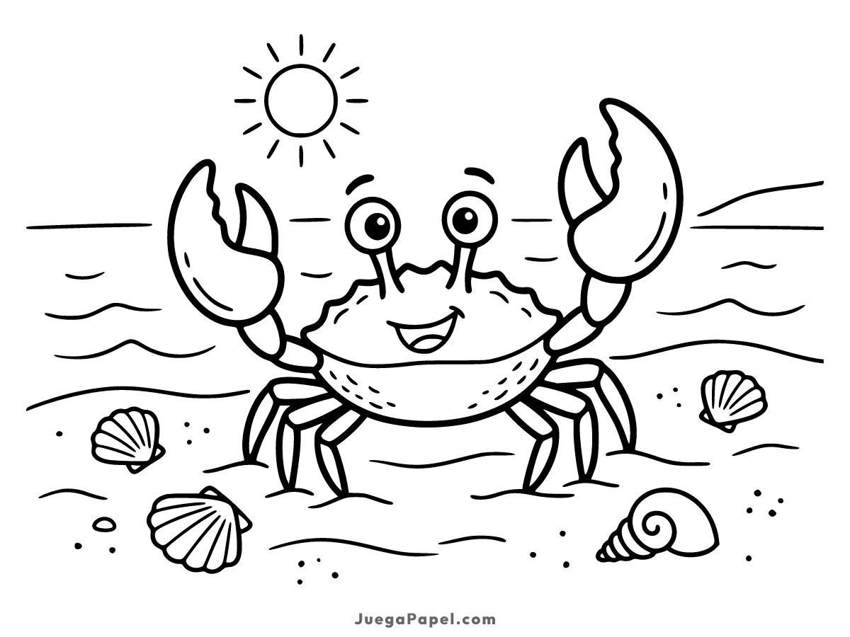 Dibujo para colorear e imprimir de Cangrejo Feliz en la Playa con Conchas