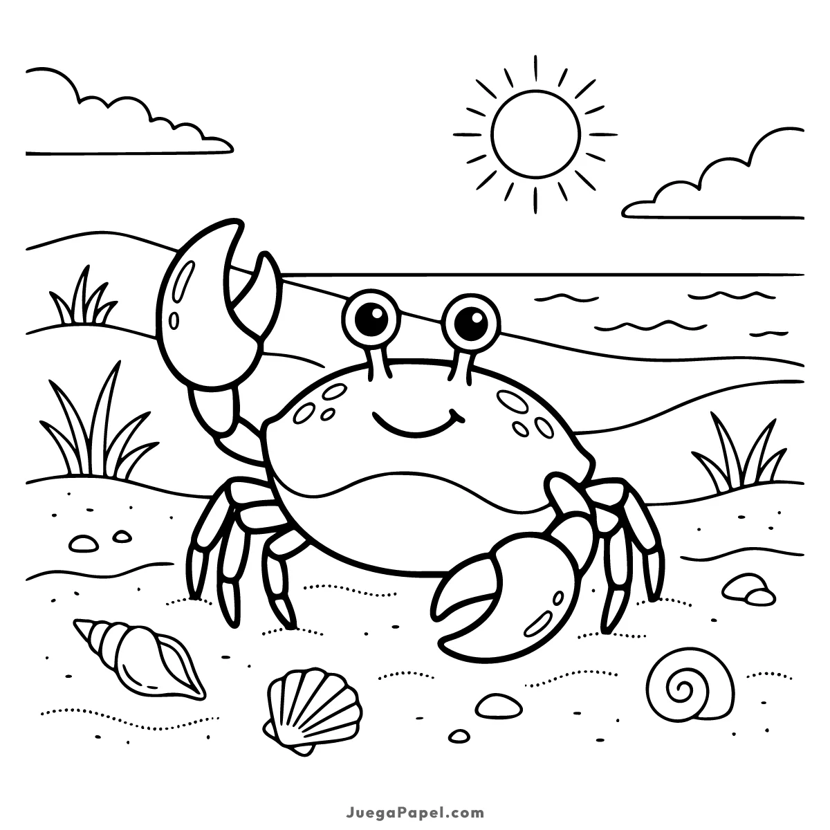Dibujo para colorear e imprimir de Cangrejo Sonriente en la Playa con Conchas