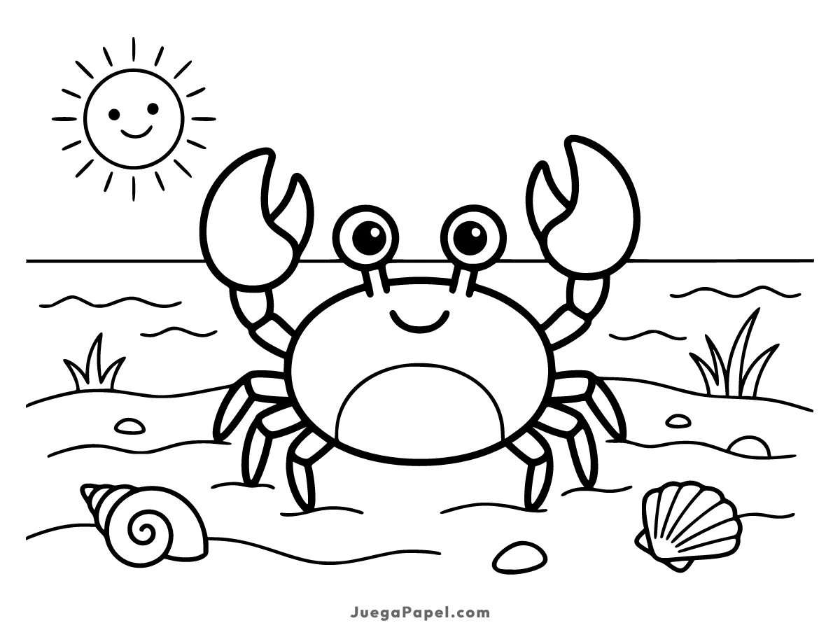 Dibujo para colorear e imprimir de Cangrejo Sonriente en la Playa con Sol
