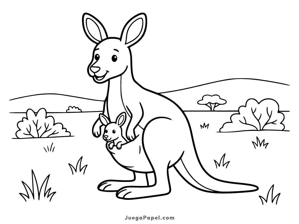 Dibujo para colorear e imprimir de Canguro con su Bebe