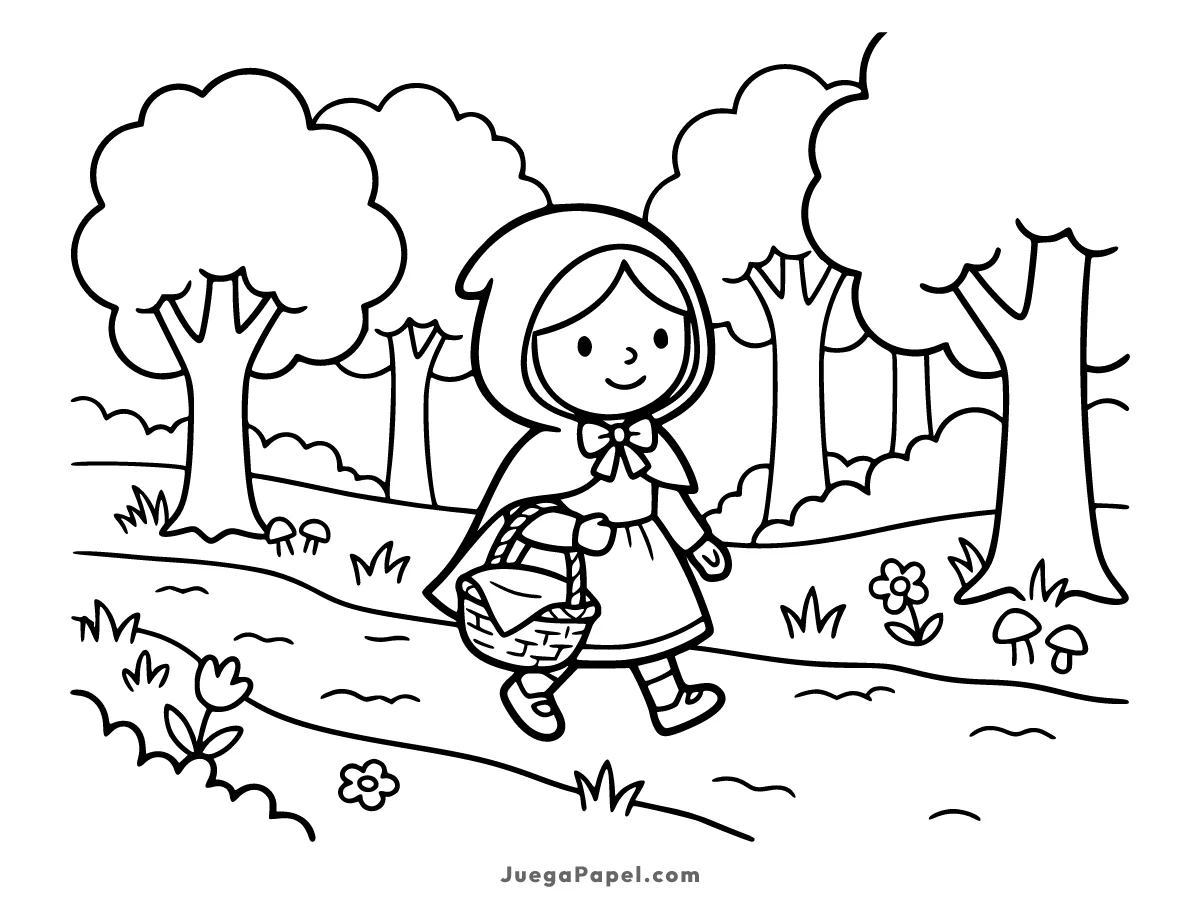 Dibujo para colorear e imprimir de Caperucita Roja en el Bosque