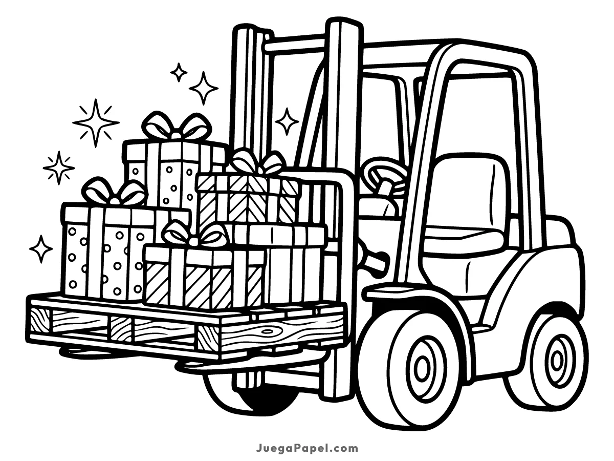 Dibujo para colorear e imprimir de Carretilla Elevadora con Regalos de Navidad