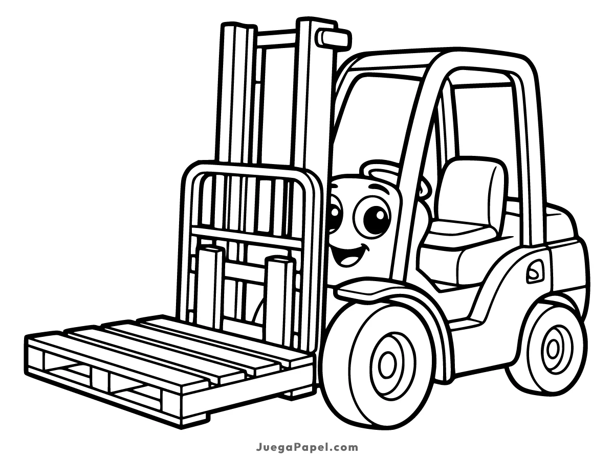 Dibujo para colorear e imprimir de Carretilla Elevadora Simpática con Palet