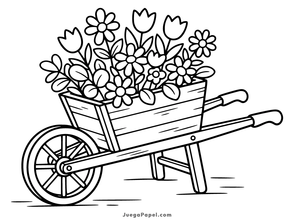 Dibujo para colorear e imprimir de Carretilla Llena de Flores Hermosas