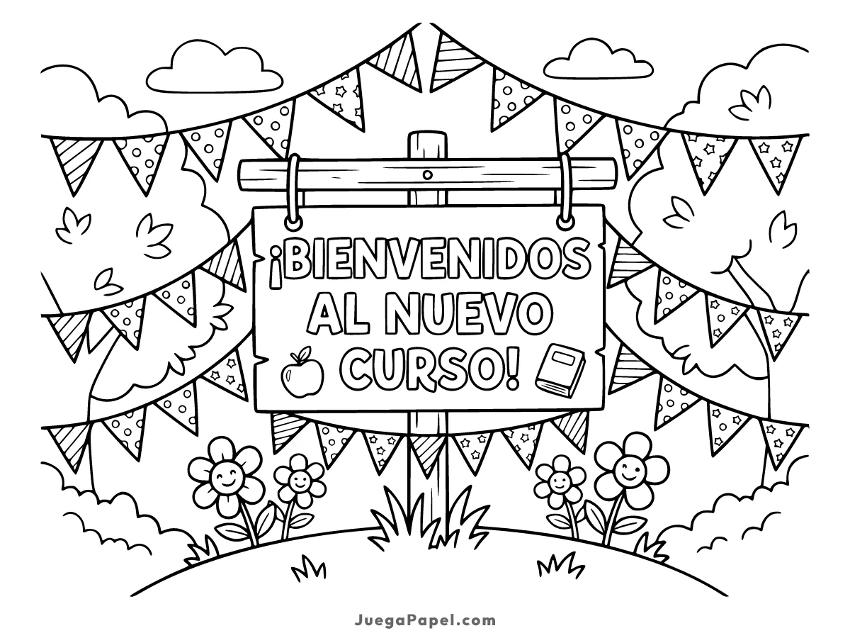 Dibujo para colorear e imprimir de Cartel Nuevo Curso en Escuela