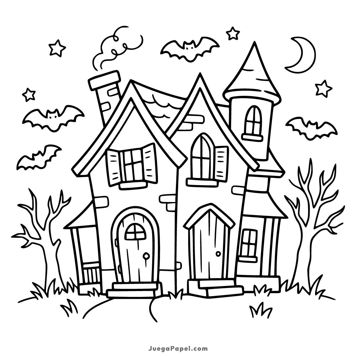 Dibujo para colorear e imprimir de Casa Embrujada de Halloween con Murciélagos