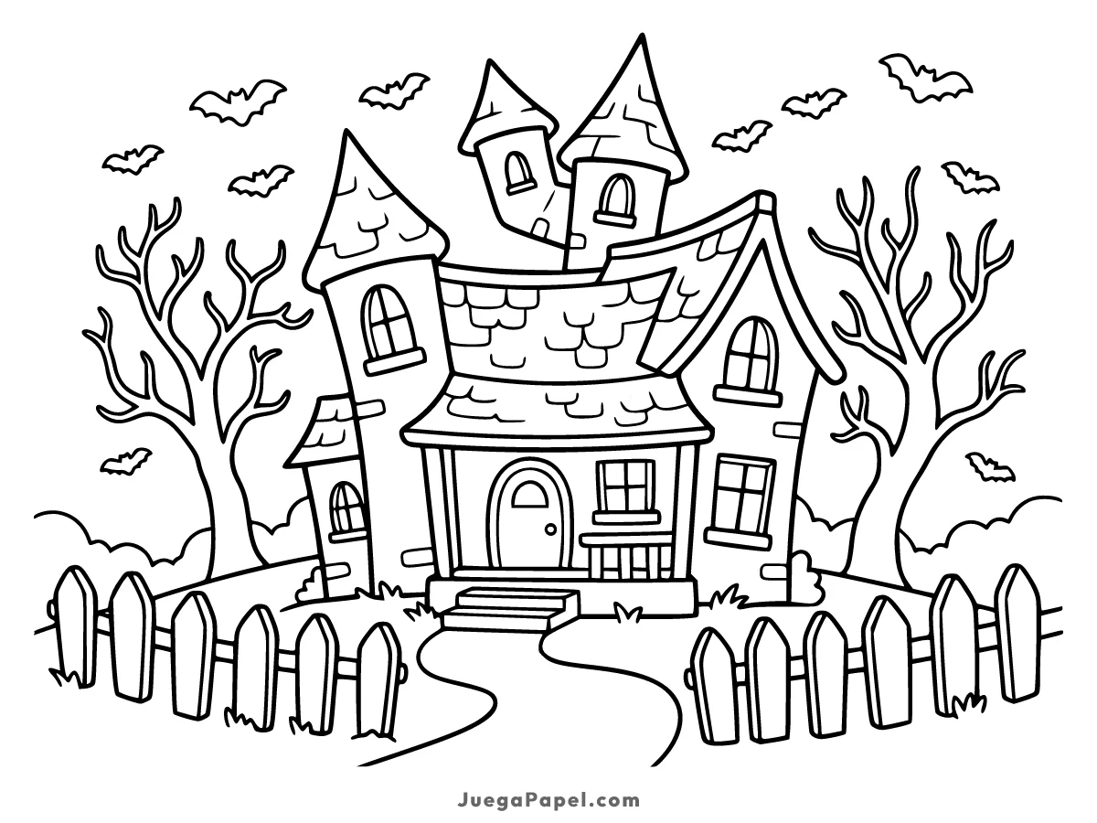 Dibujo para colorear e imprimir de Casa Embrujada de Halloween con Murciélagos