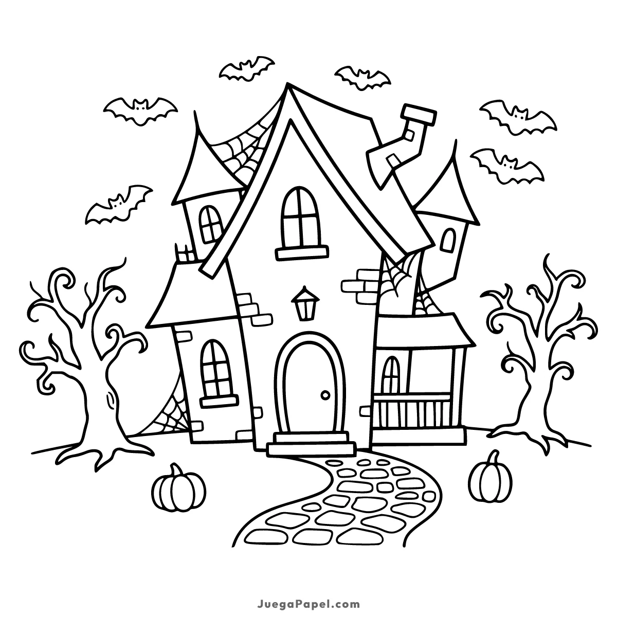 Dibujo para colorear e imprimir de Casa Encantada de Halloween con Murciélagos