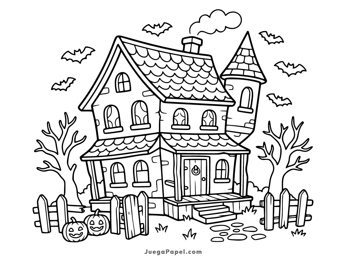 Dibujo para colorear e imprimir de Casa Encantada de Halloween con Murciélagos y Calabazas