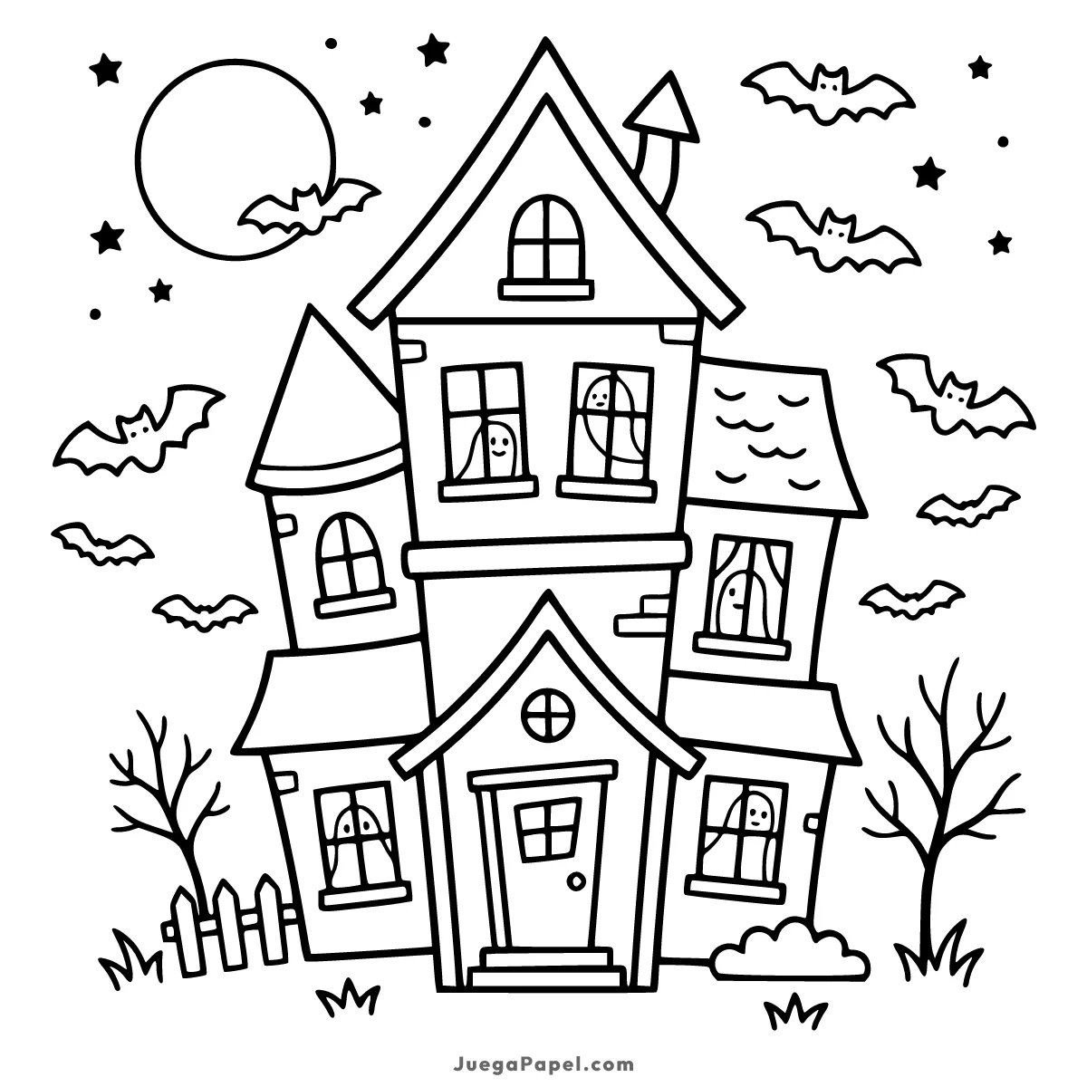Dibujo para colorear e imprimir de Casa Encantada de Halloween con Murciélagos y Fantasmas