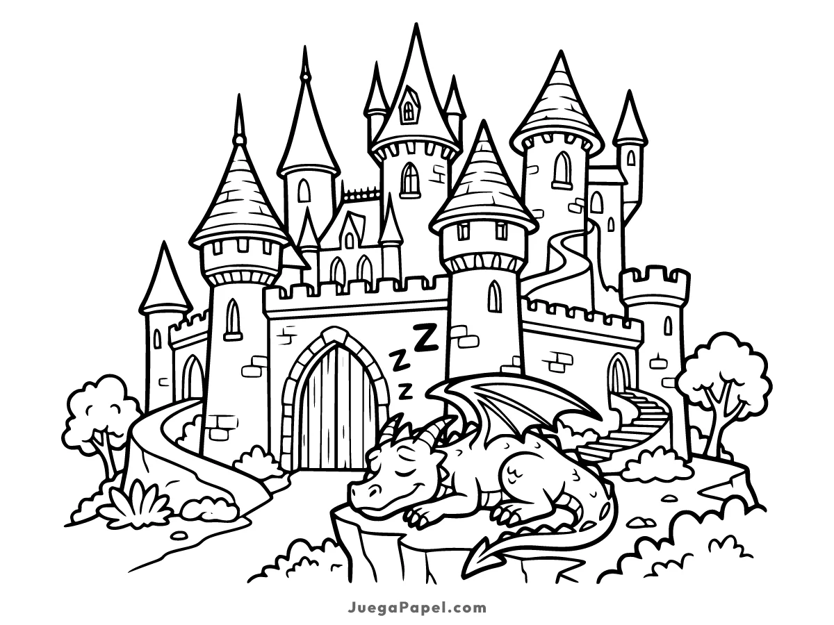 Dibujo para colorear e imprimir de Castillo Encantado custodiado por Dragón