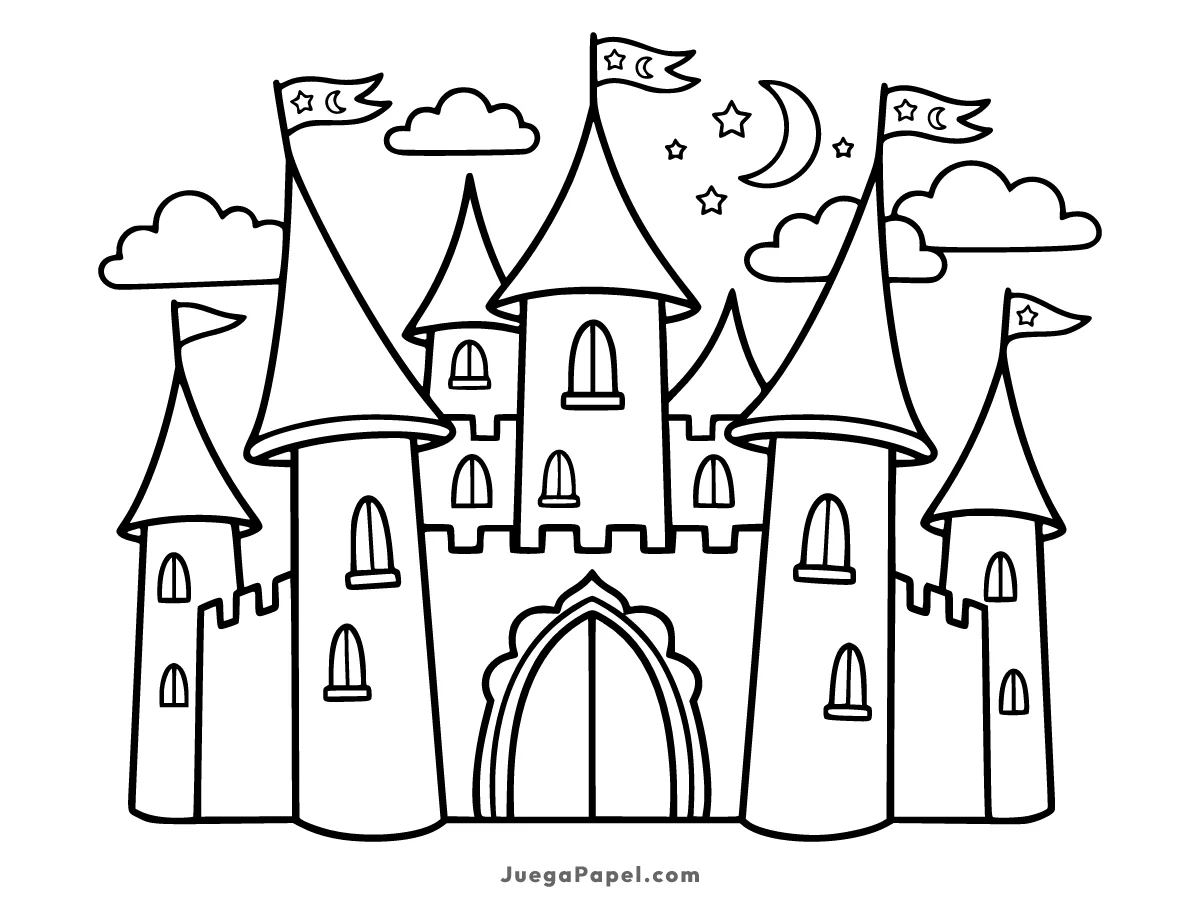 Dibujo para colorear e imprimir de Castillo Mágico Bajo la Luz de la Luna