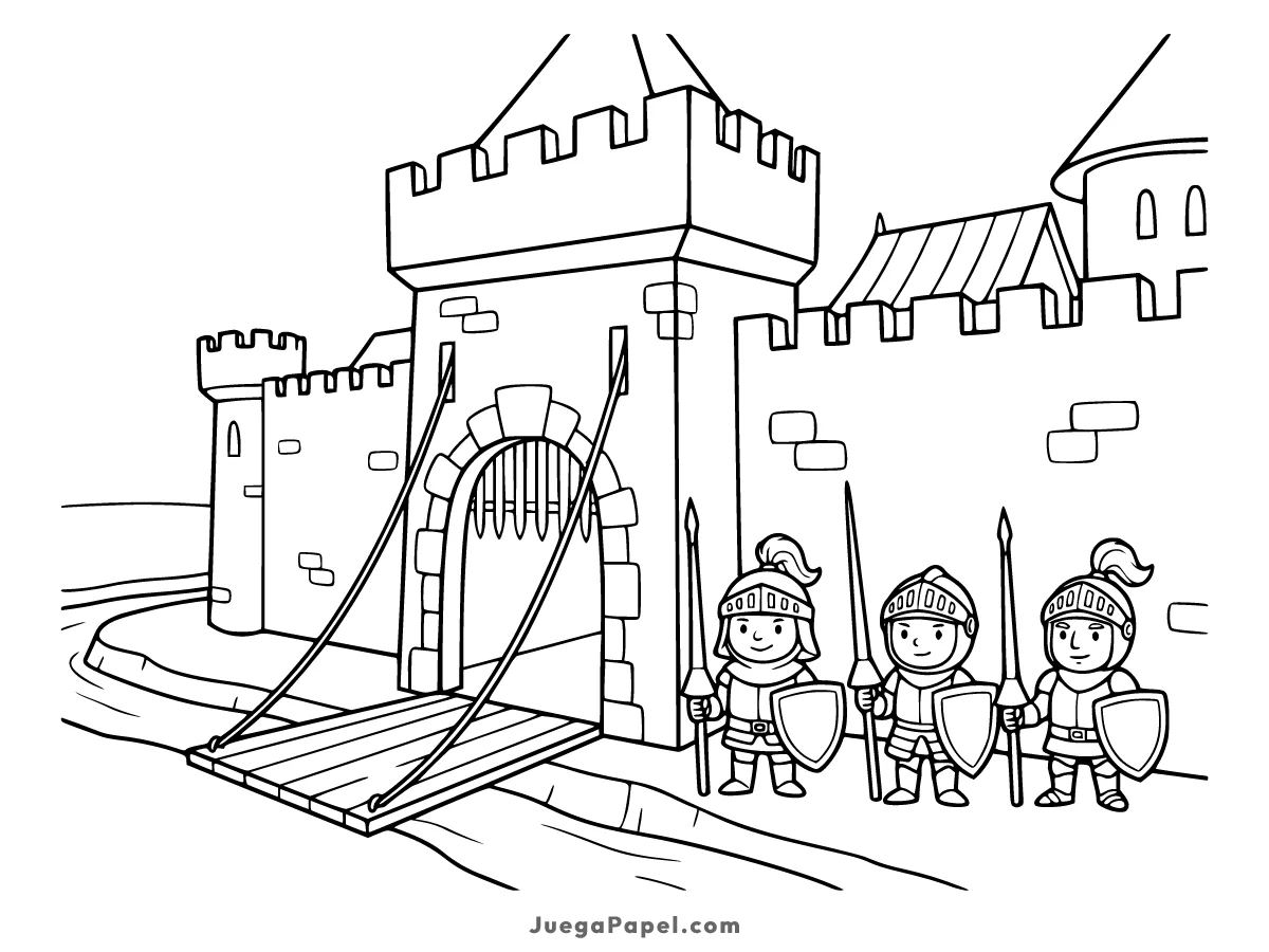 Dibujo para colorear e imprimir de Castillo Medieval con Puente Levadizo