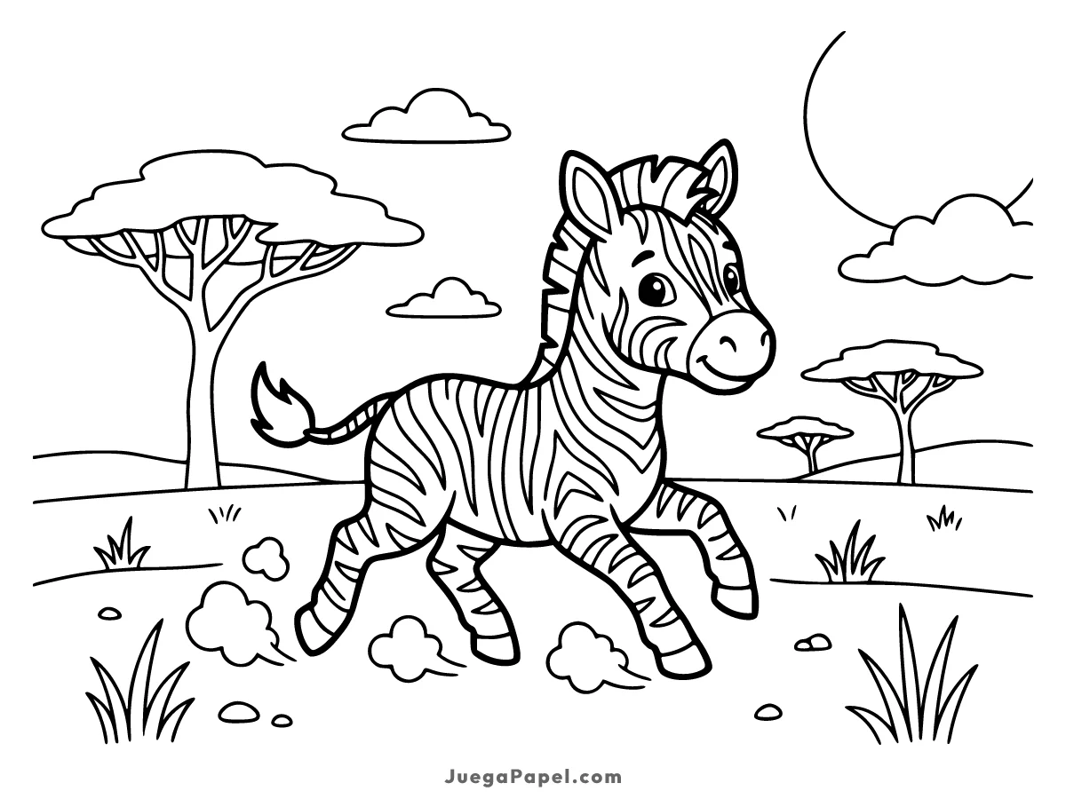 Dibujo para colorear e imprimir de Cebra Feliz Corriendo en la Sabana