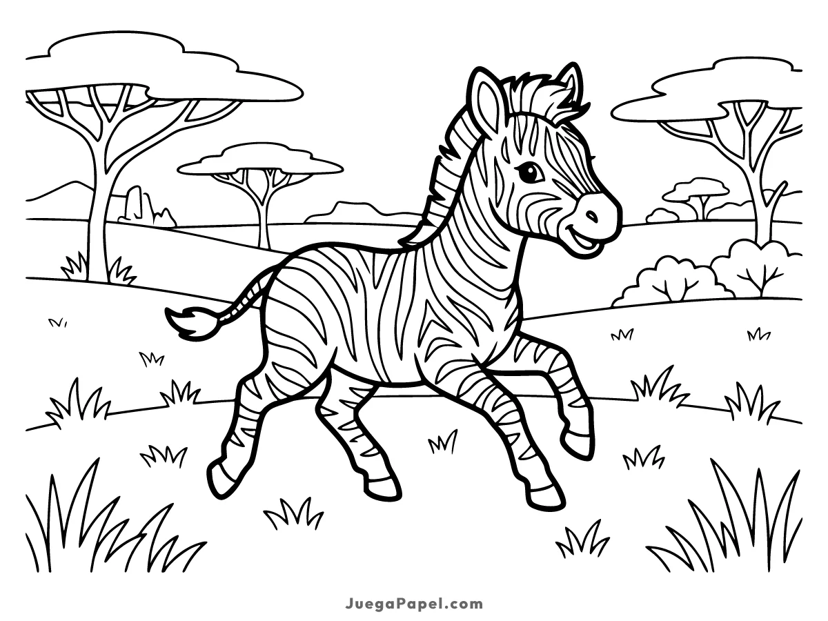 Dibujo para colorear e imprimir de Cebra Feliz Corriendo en la Sabana