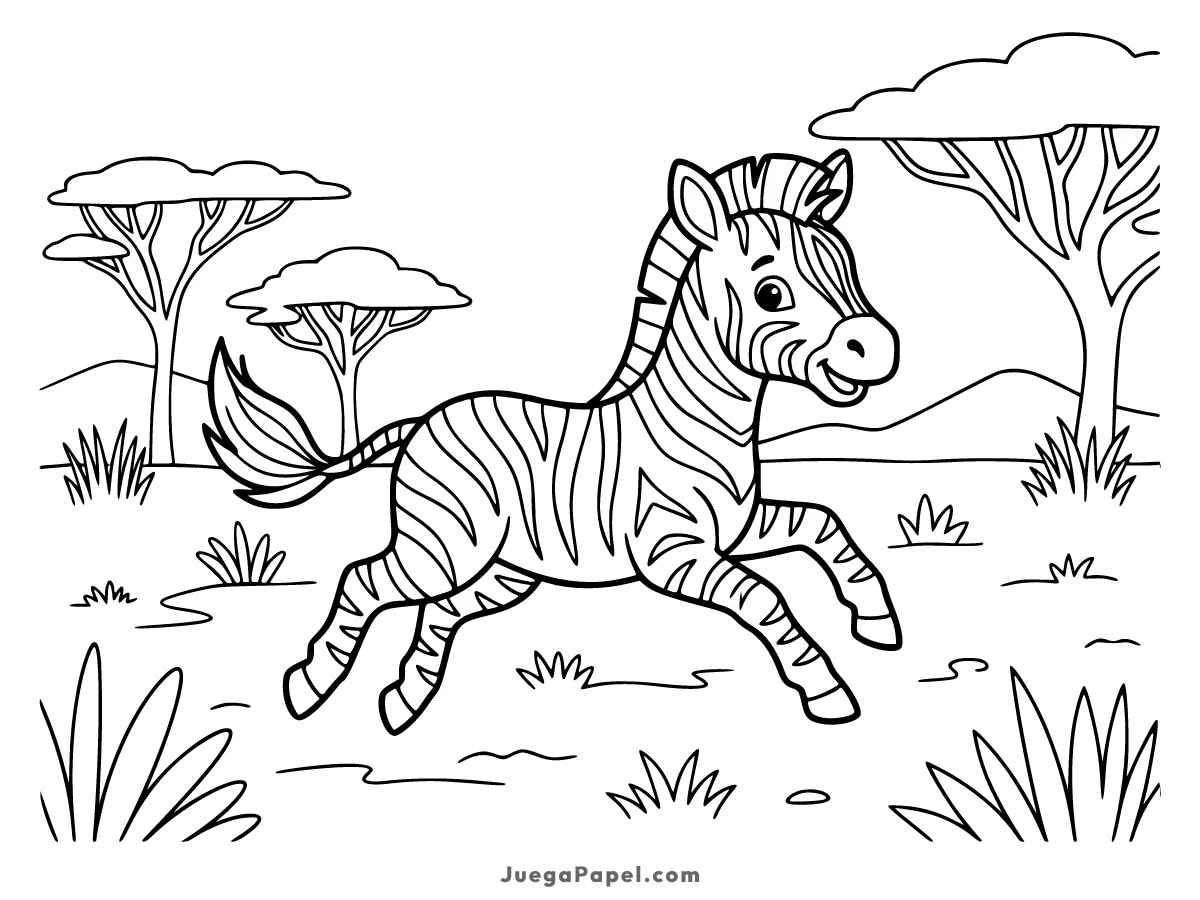 Dibujo para colorear e imprimir de Cebra Feliz Corriendo en la Sabana