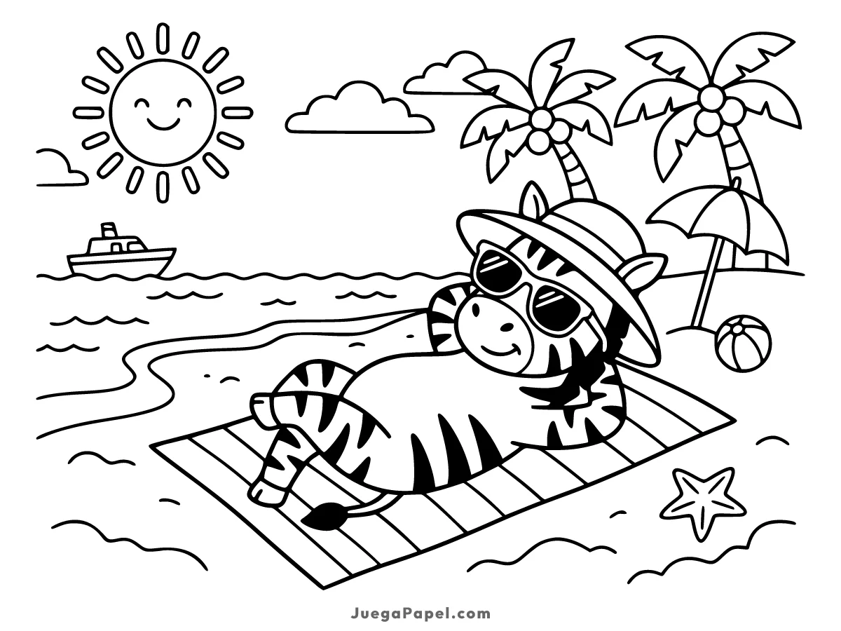 Dibujo para colorear e imprimir de Cebra Relajada en la Playa con Gafas de Sol