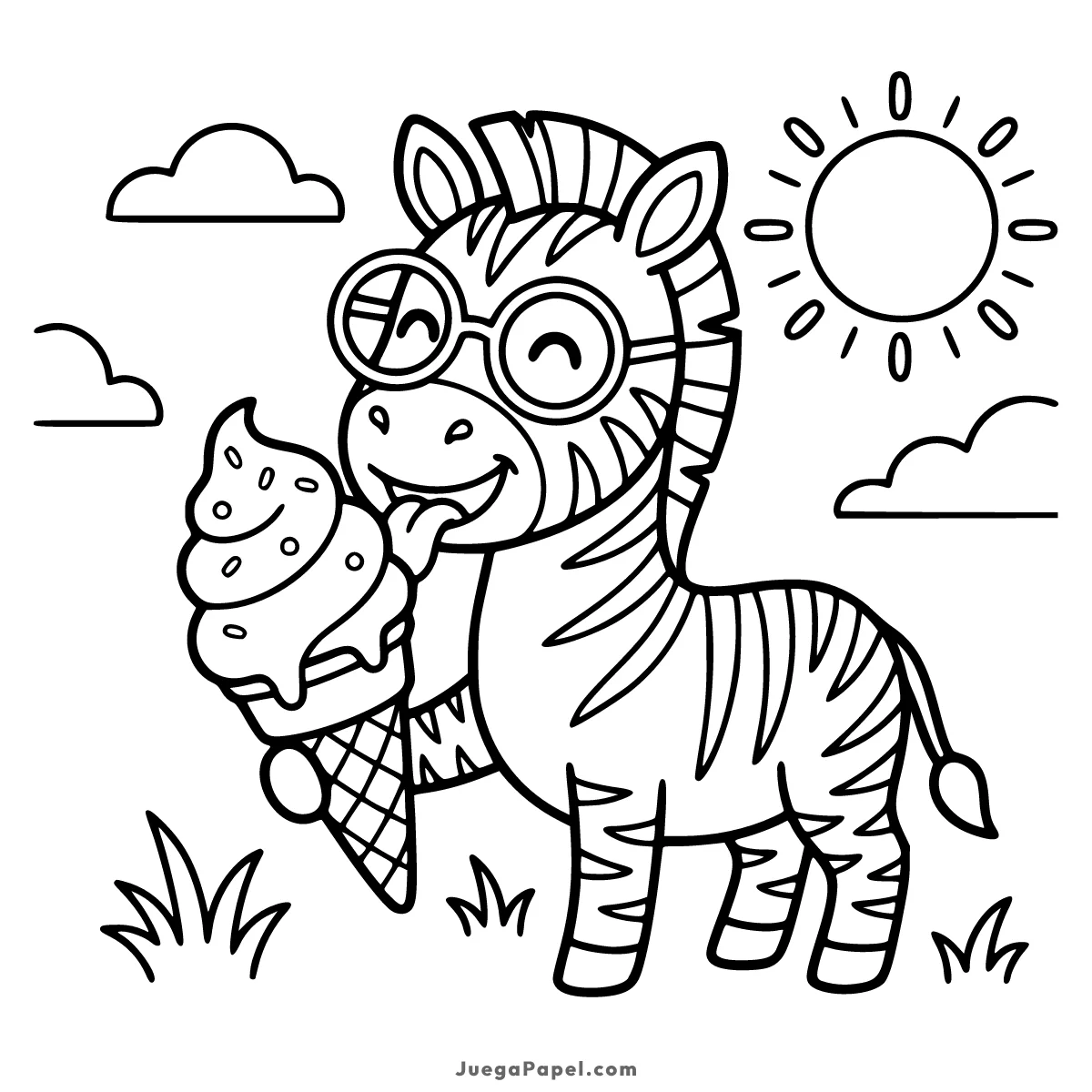 Dibujo para colorear e imprimir de Cebra Tierna Comiendo un Helado