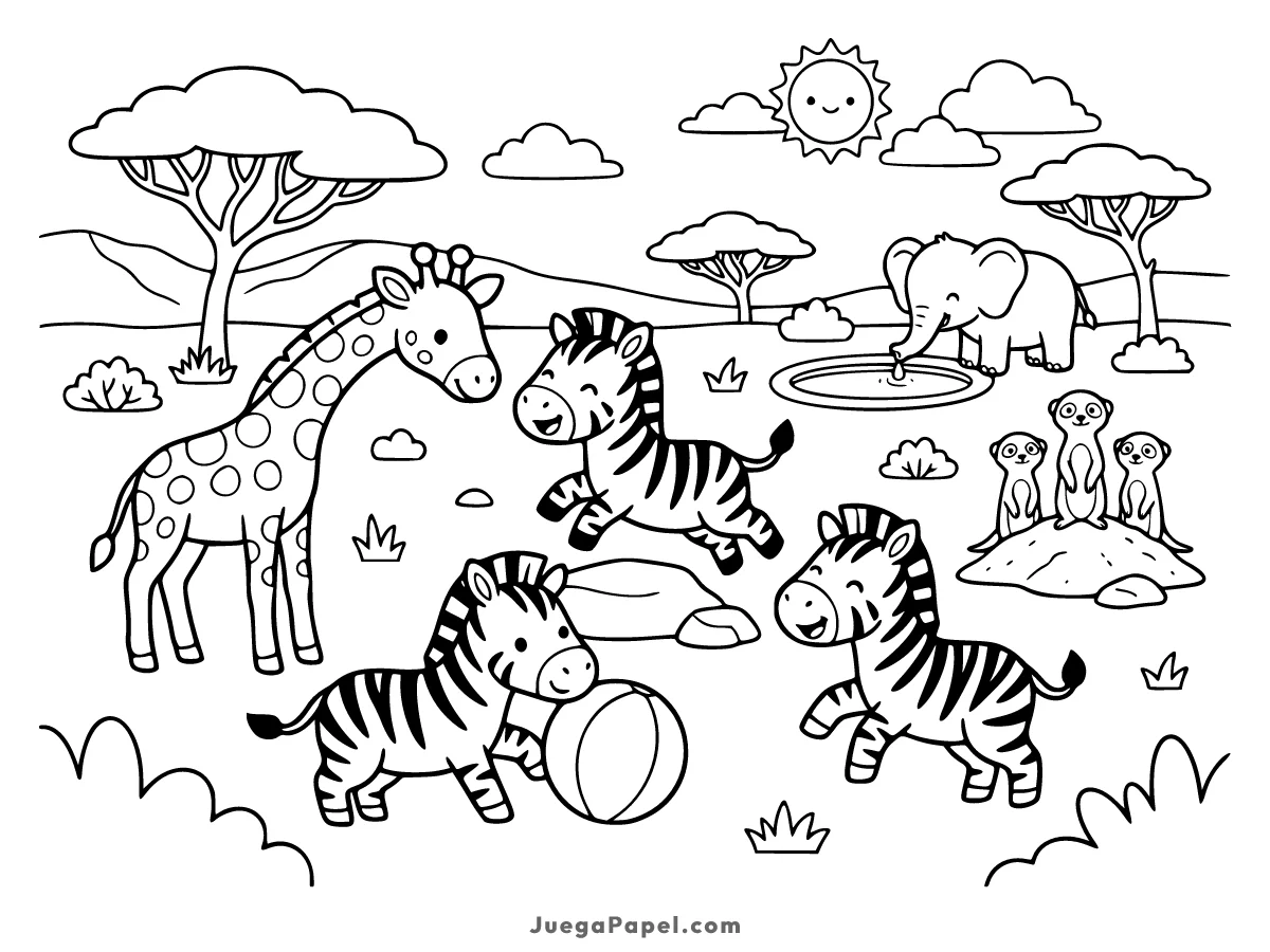 Dibujo para colorear e imprimir de Cebras Jugando en la Sabana