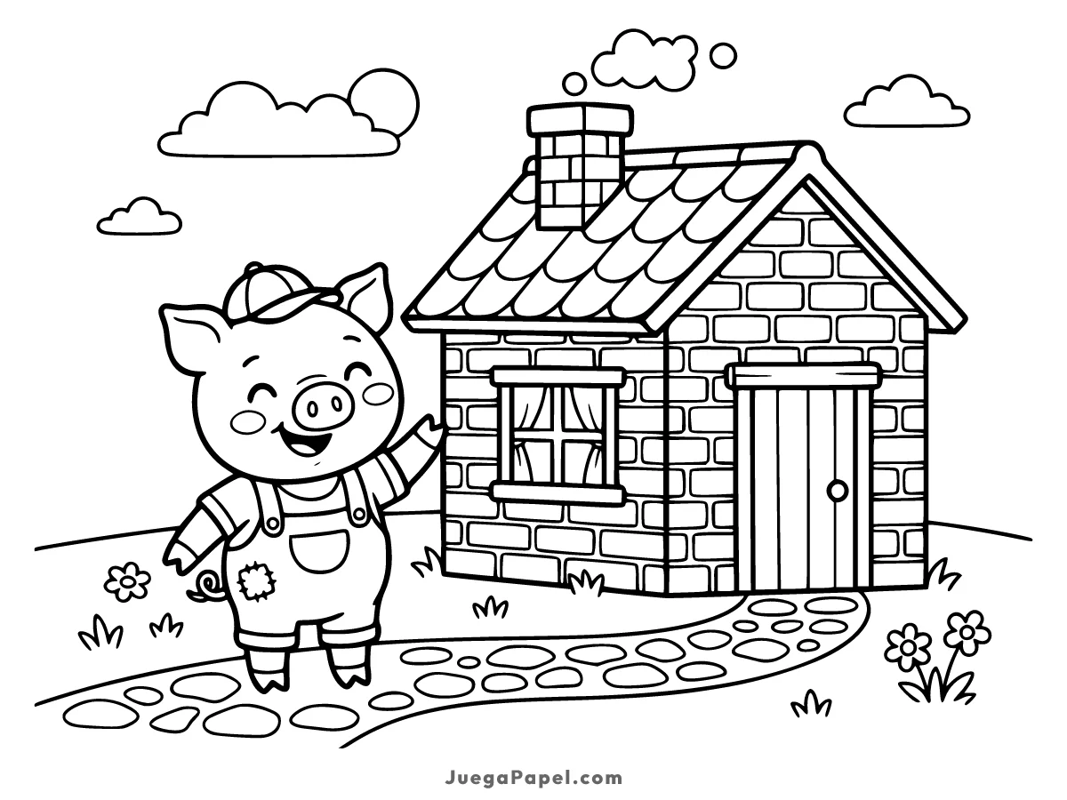 Dibujo para colorear e imprimir de Cerdito Construyendo Casa de Ladrillos