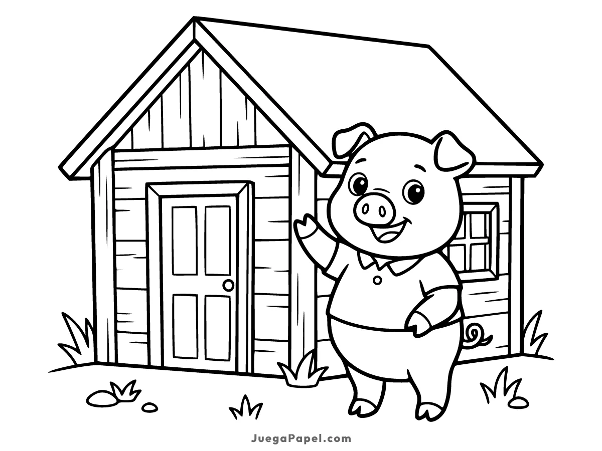 Dibujo para colorear e imprimir de Cerdito Construyendo Casa de Madera