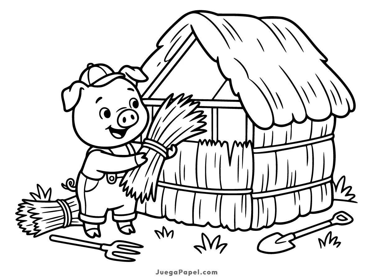 Dibujo para colorear e imprimir de Cerdito Construyendo Casa de Paja