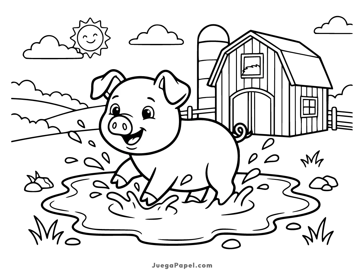 Dibujo para colorear e imprimir de Cerdito Feliz Chapoteando en el Barro de la Granja