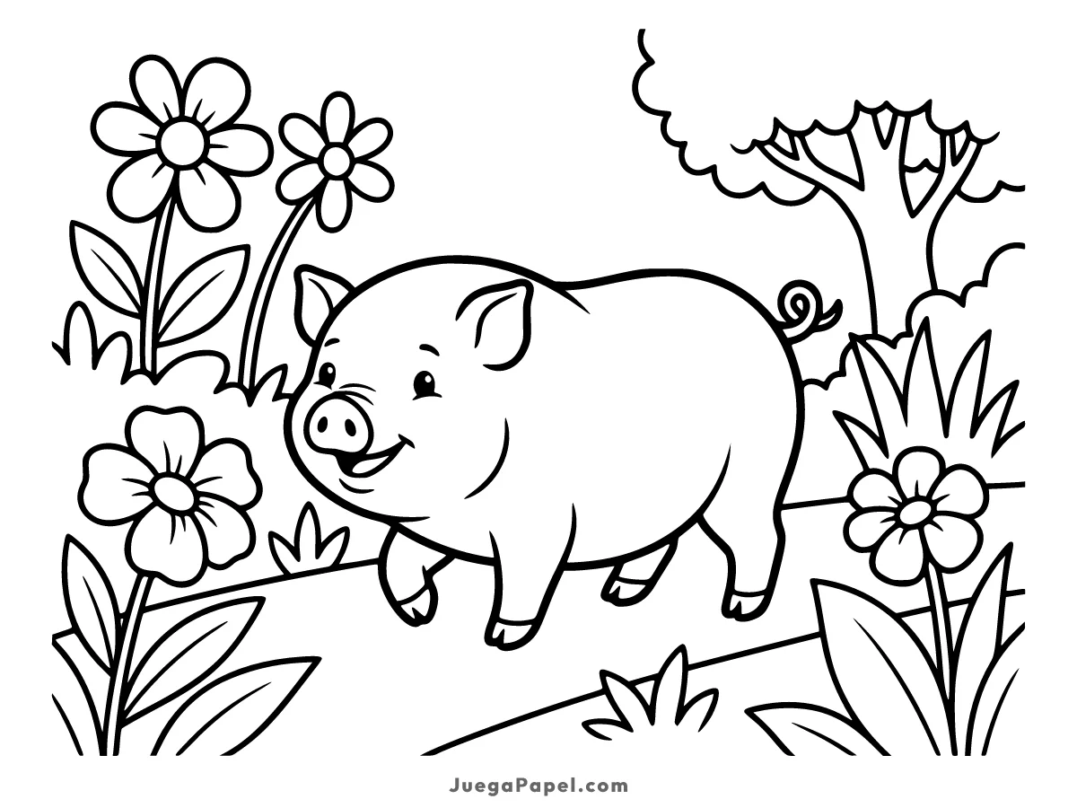 Dibujo para colorear e imprimir de Cerdito Feliz Paseando