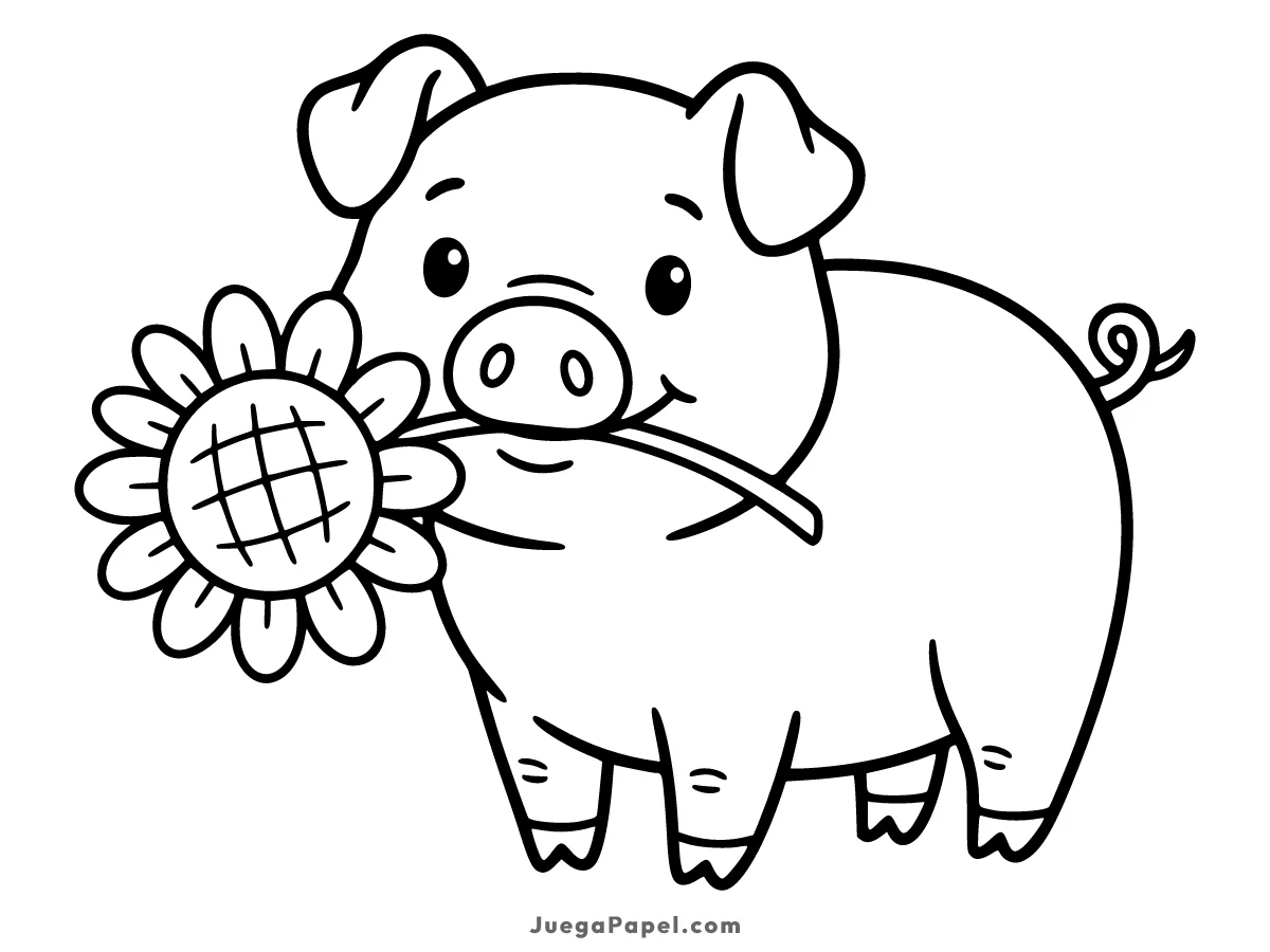 Dibujo para colorear e imprimir de Cerdito tierno con una flor en la boca