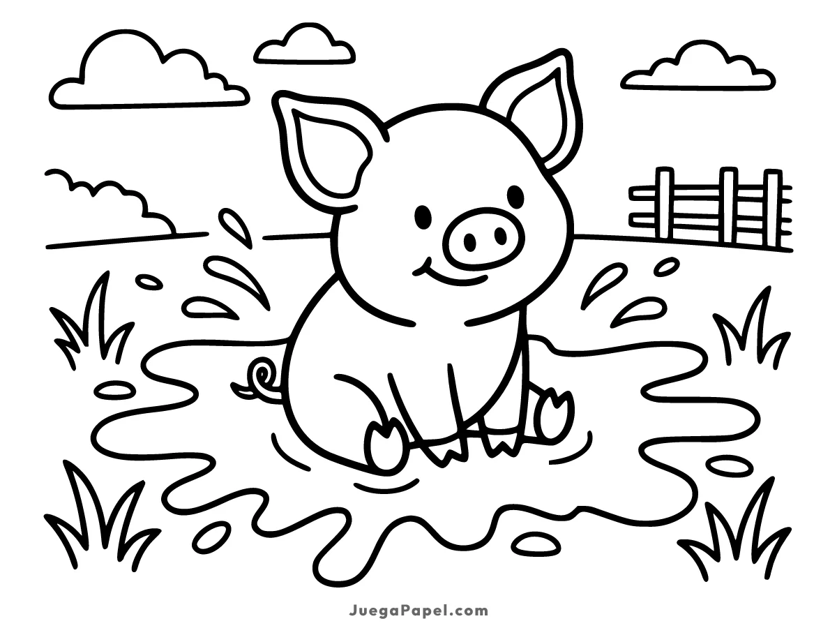 Dibujo para colorear e imprimir de Cerdo Feliz Jugando en el Lodo
