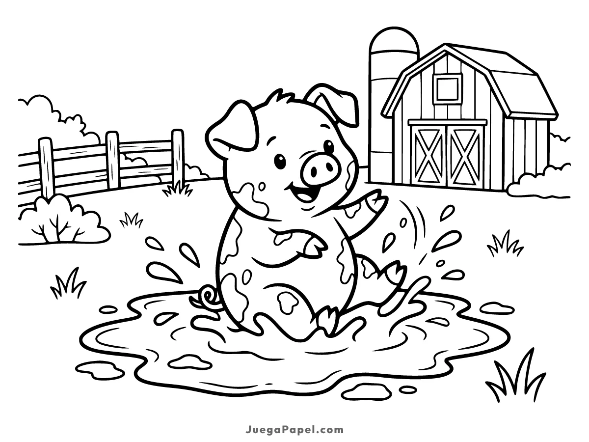 Dibujo para colorear e imprimir de Cerdo Feliz Jugando en el Lodo