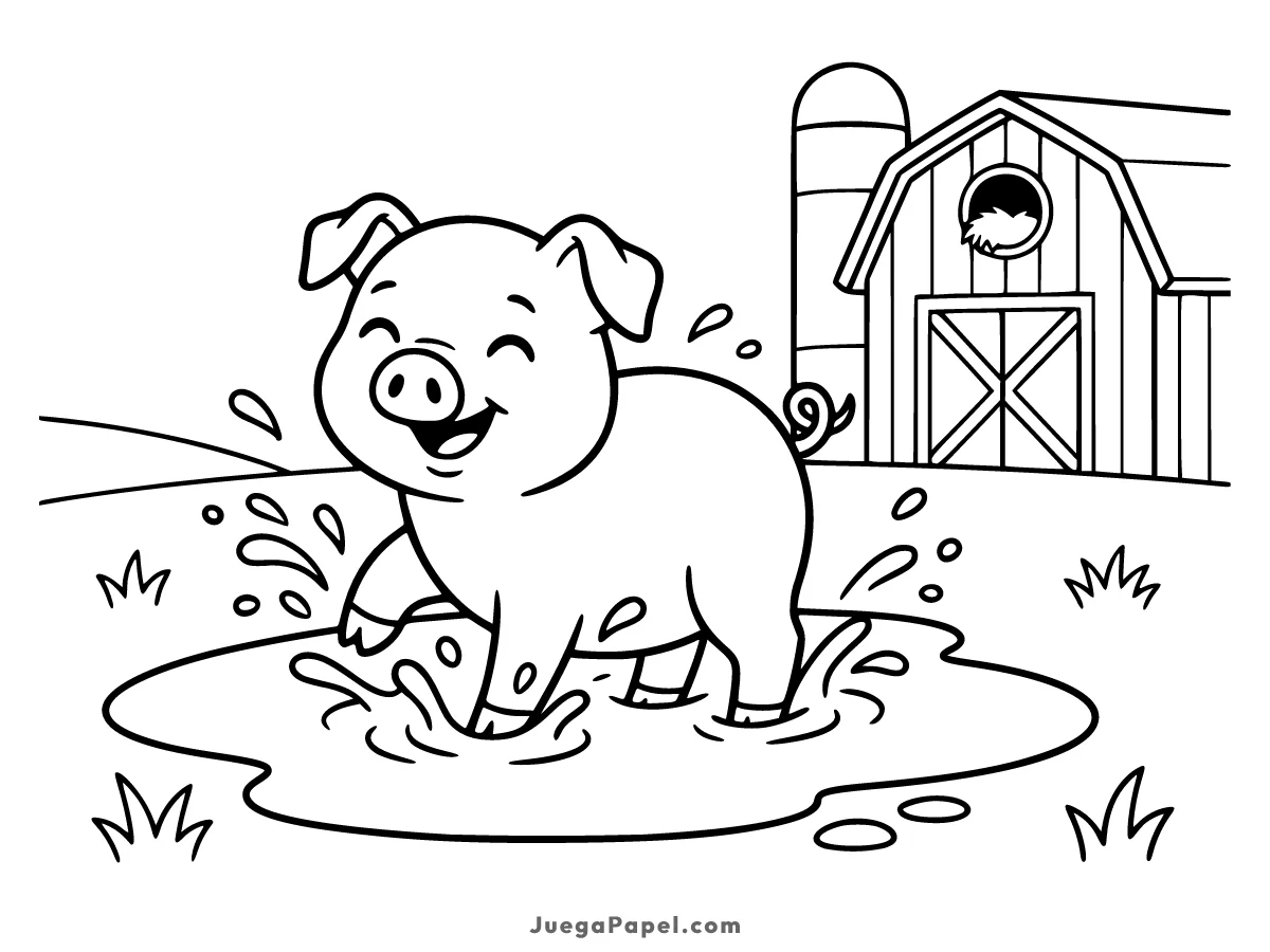 Dibujo para colorear e imprimir de Cerdo Feliz Jugando en el Lodo