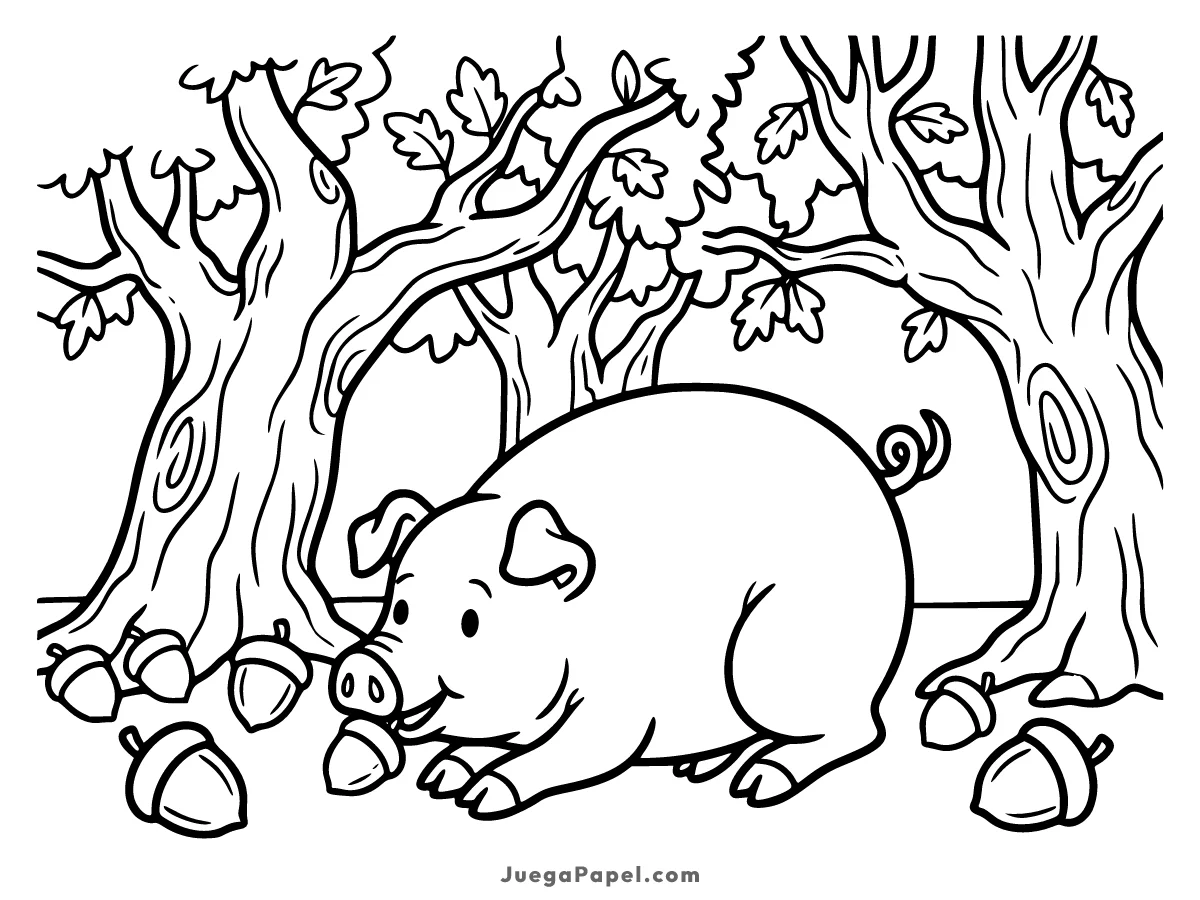 Dibujo para colorear e imprimir de Cerdo Ibérico comiendo Bellotas