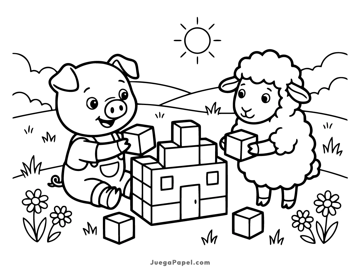 Dibujo para colorear e imprimir de Cerdo y Oveja Construyendo Casa con Bloques