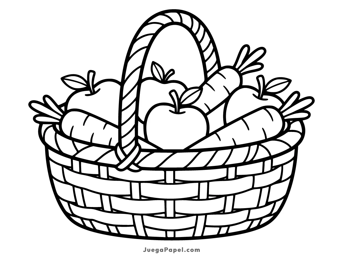 Dibujo para colorear e imprimir de Cesta Llena de Frutas y Verduras Frescas