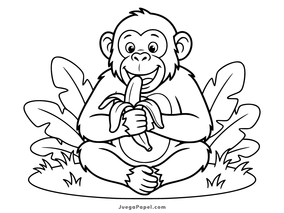Dibujo para colorear e imprimir de Chimpancé comiendo Plátano