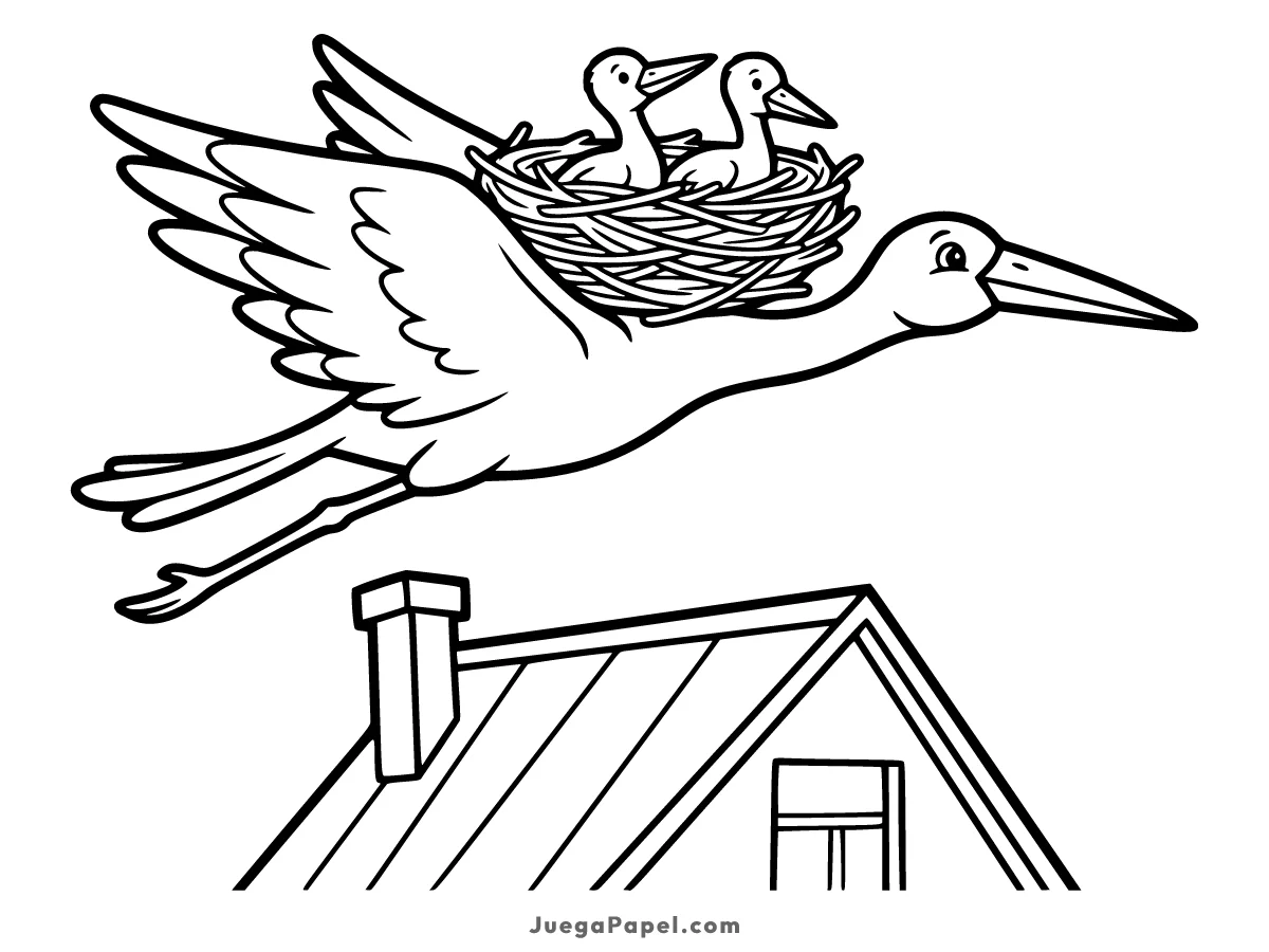 Dibujo para colorear e imprimir de Cigüeña llevando a sus Crías en el Nido