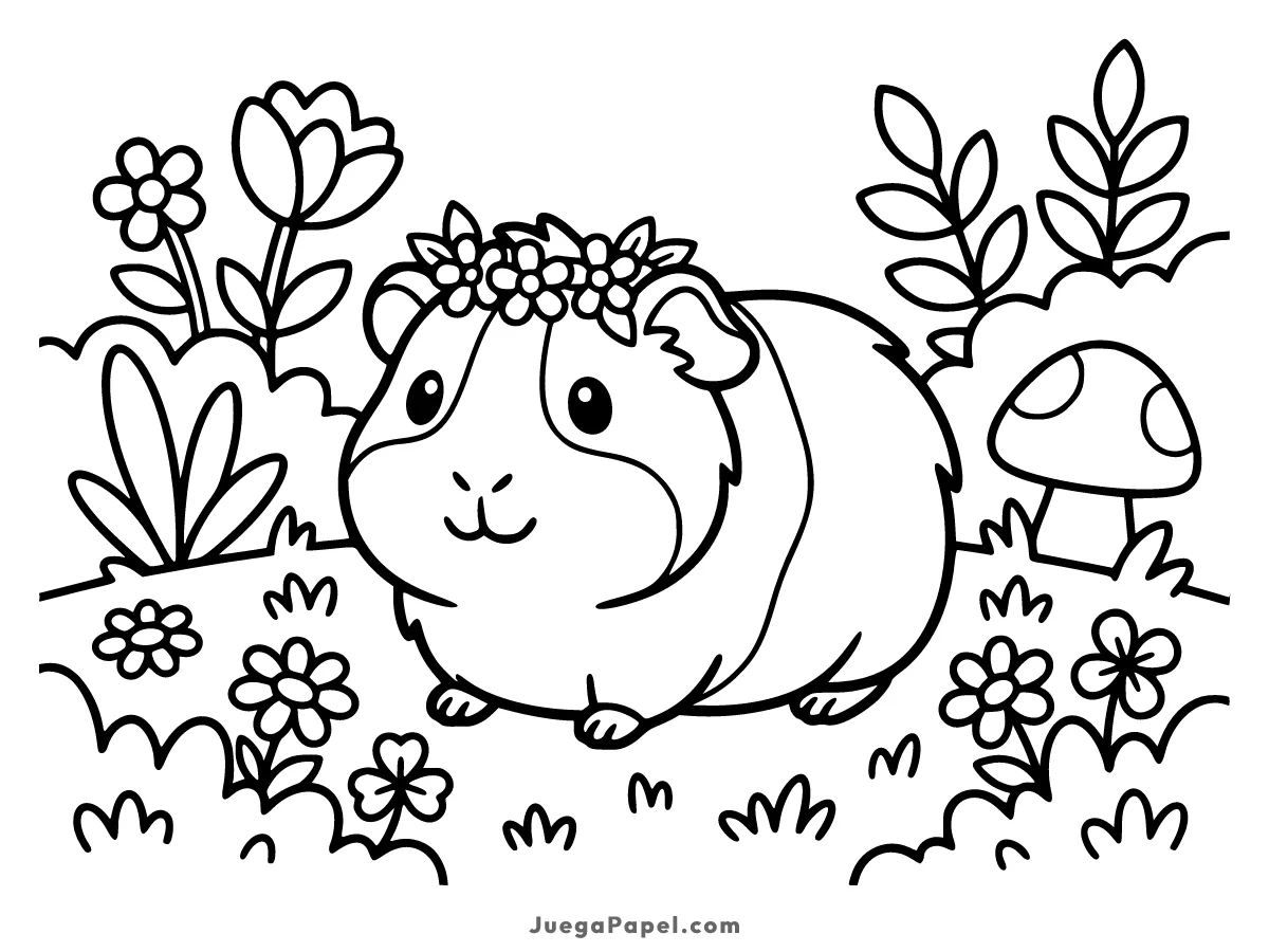 Dibujo para colorear e imprimir de Cobaya Tierna con Corona de Flores en el Jardín