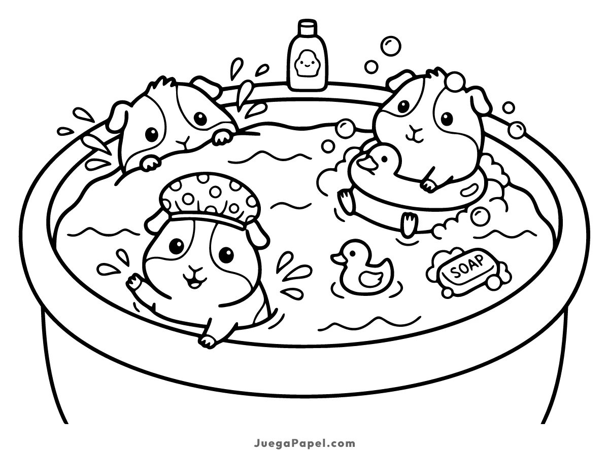 Dibujo para colorear e imprimir de Cobayas en la Bañera con Espuma
