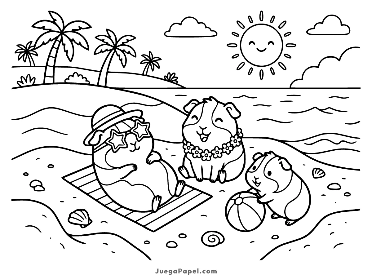 Dibujo para colorear e imprimir de Cobayas en la Playa Disfrutando del Verano