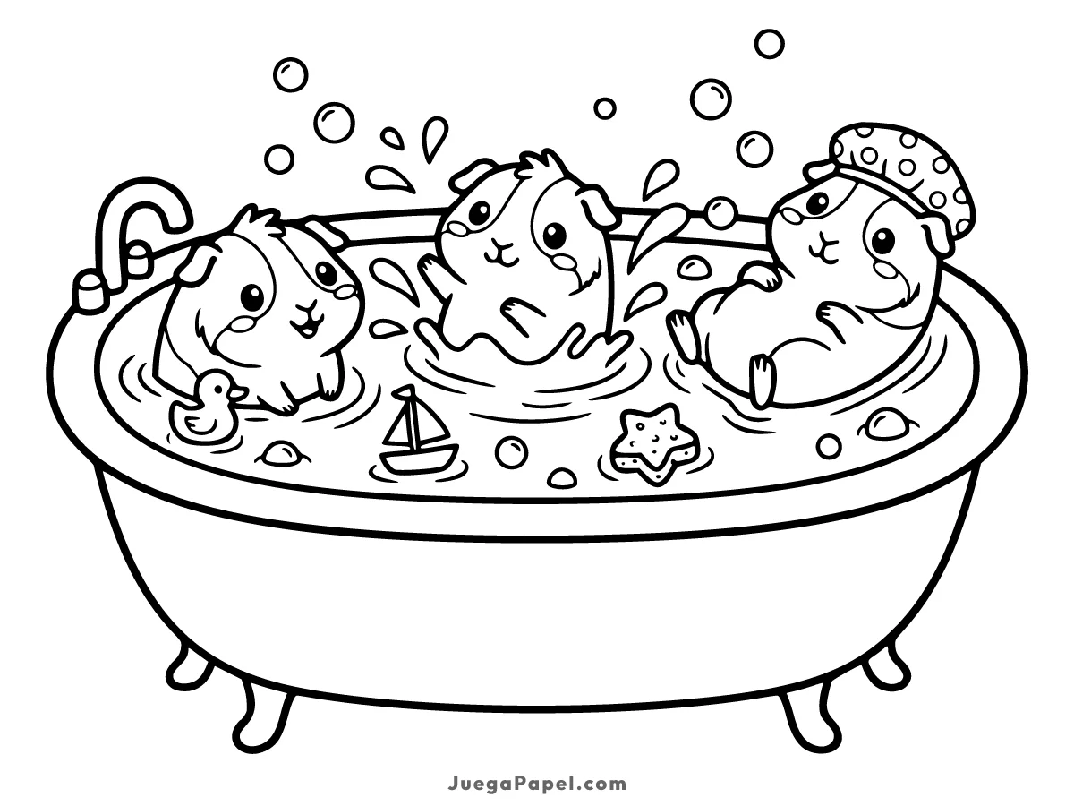 Dibujo para colorear e imprimir de Cobayas Felices Jugando en la Bañera con Burbujas