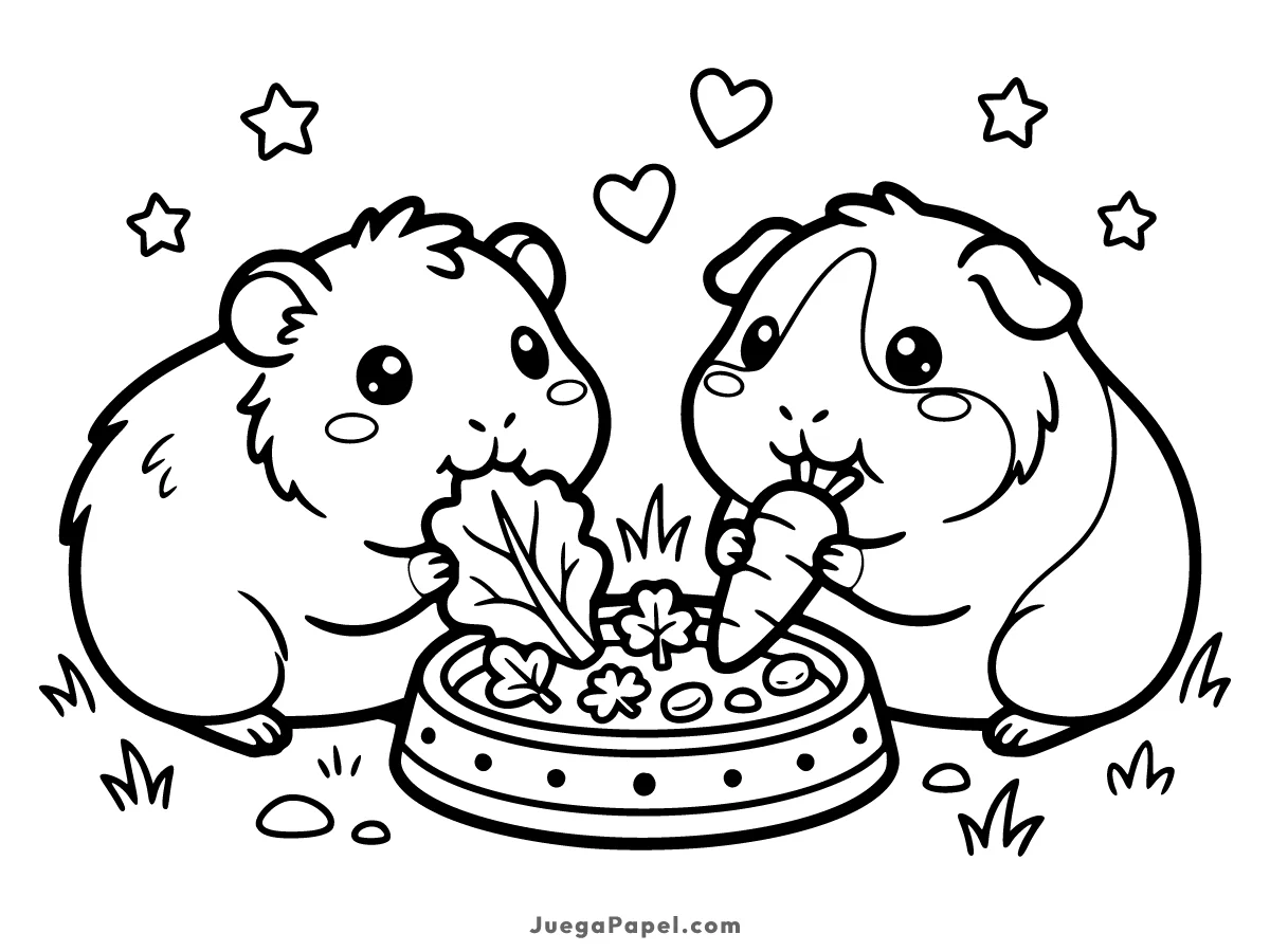 Dibujo para colorear e imprimir de Cobayas Tiernas Comiendo Juntas