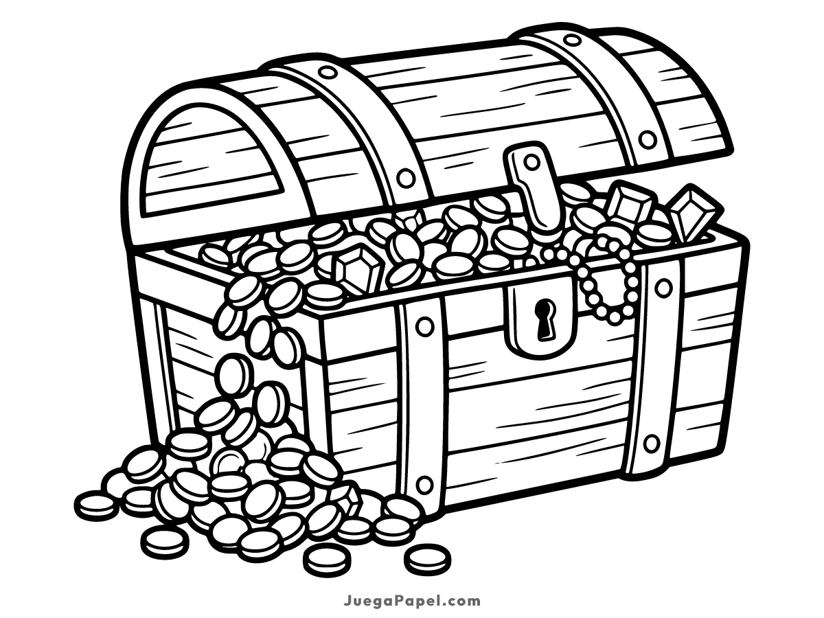 Dibujo para colorear e imprimir de Cofre del Tesoro Lleno de Monedas y Joyas