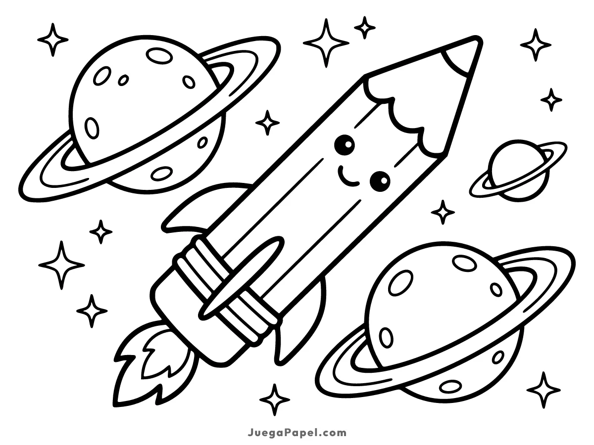 Dibujo para colorear e imprimir de Cohete con forma de lápiz volando entre planetas