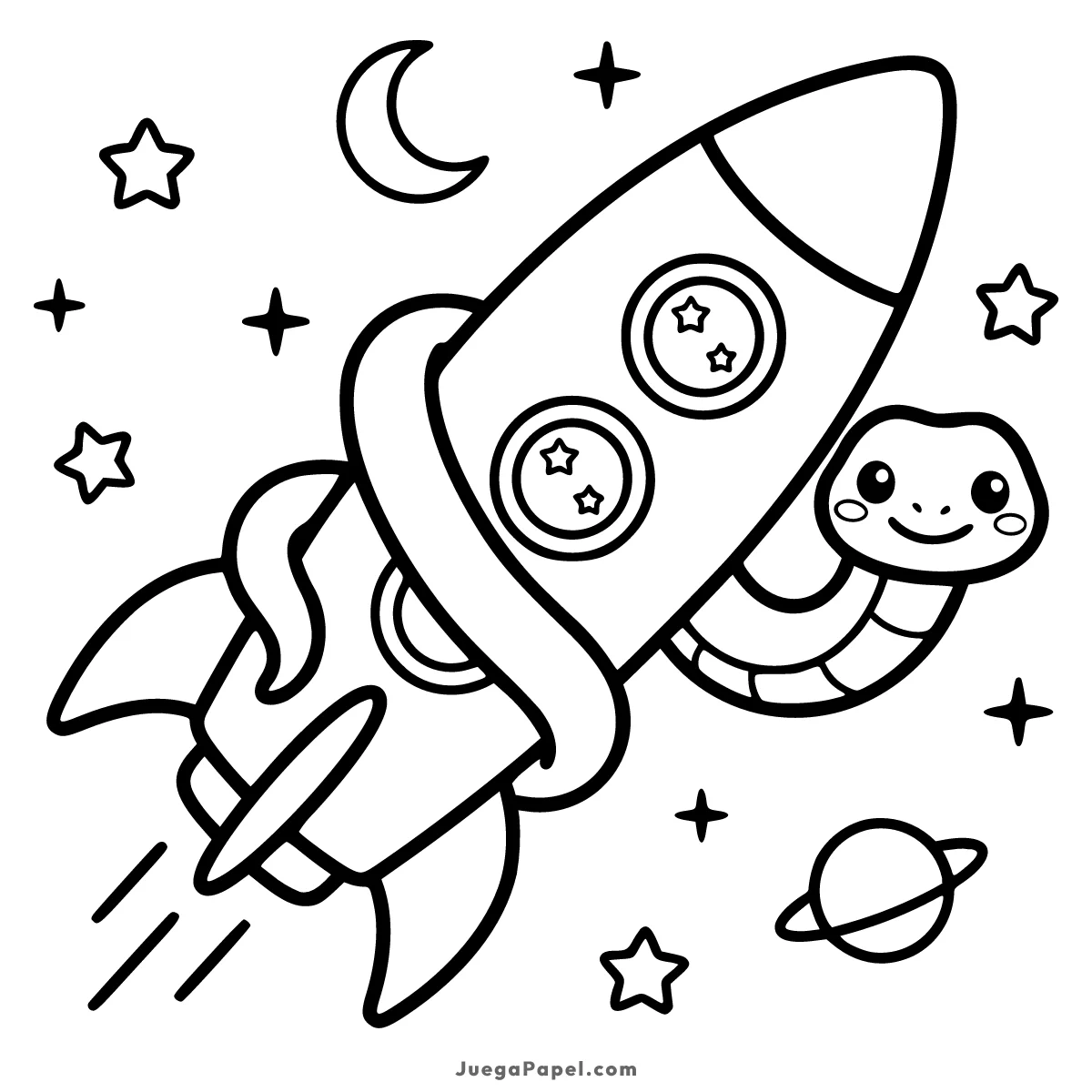 Dibujo para colorear e imprimir de Cohete Espacial con Serpiente Kawaii y Estrellas
