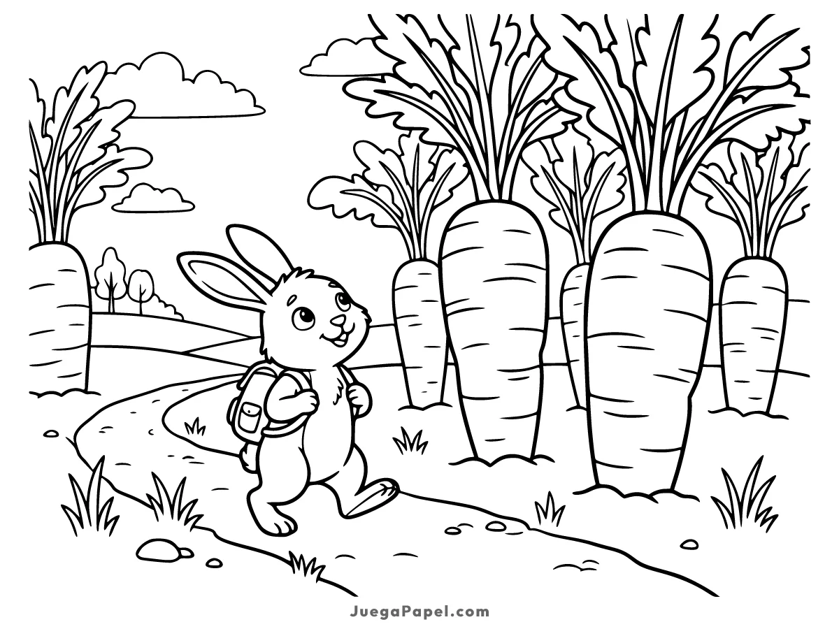 Dibujo para colorear e imprimir de Conejo Caminando por Campo de Zanahorias