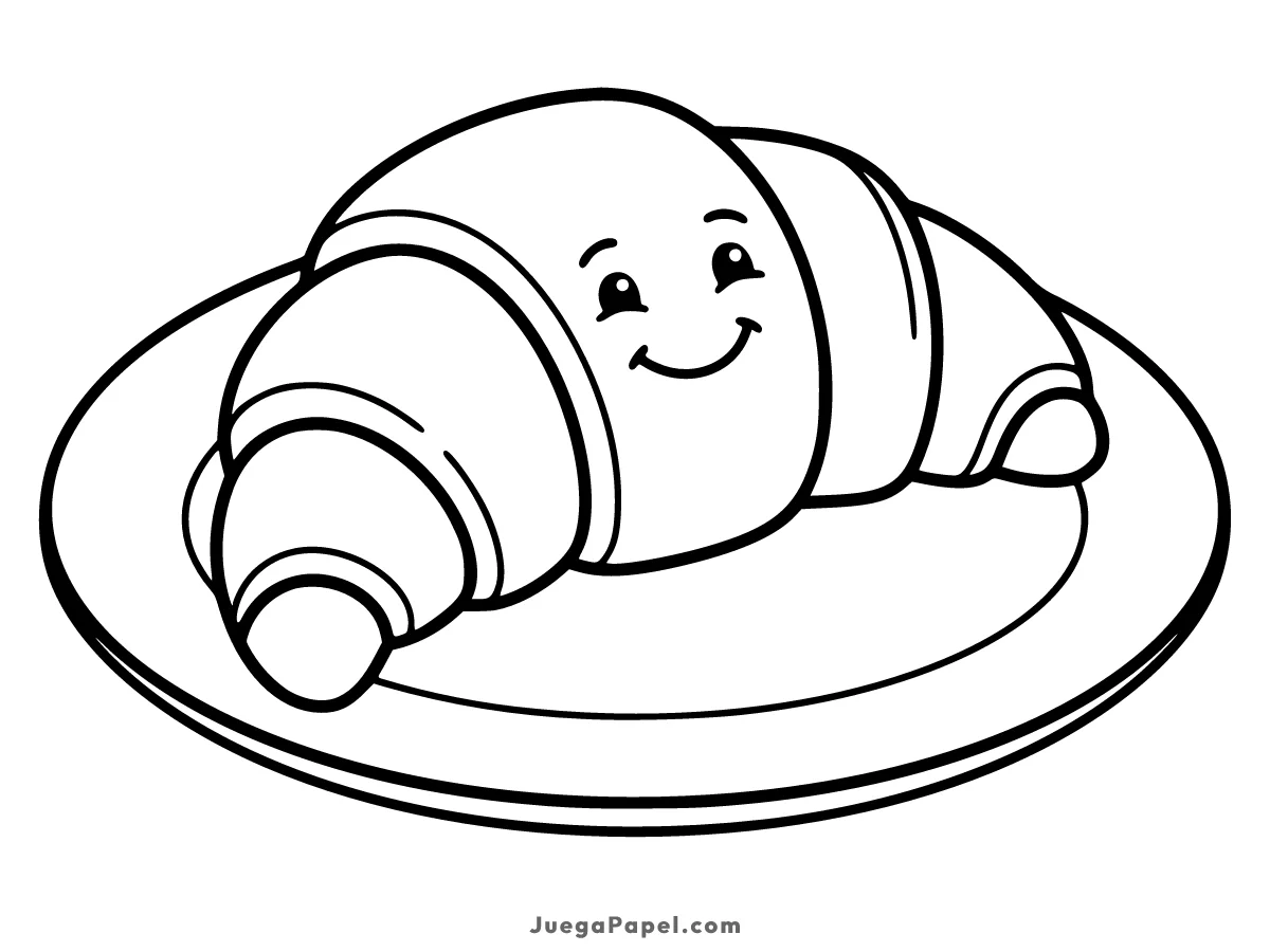 Dibujo para colorear e imprimir de Croissant Tierno y Sonriente en un Plato