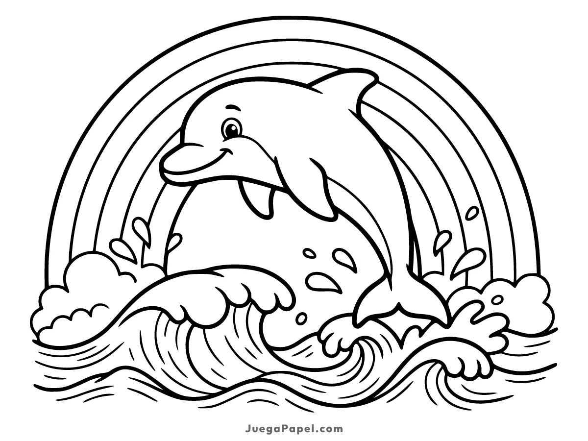 Dibujo para colorear e imprimir de Delfín Feliz saltando sobre las olas con un arcoíris